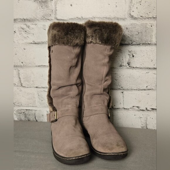 Denver Hayes Taupe Suede Faux Fur Winter Boots Women’s Size 7 Mid Calf Warm Zip - Picture 2 of 13